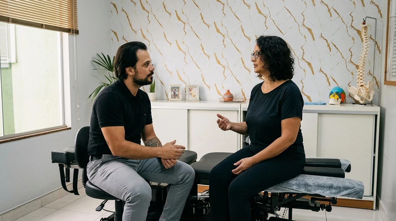 Dr. Kleber sentado, ouvindo uma paciente antes da avaliação